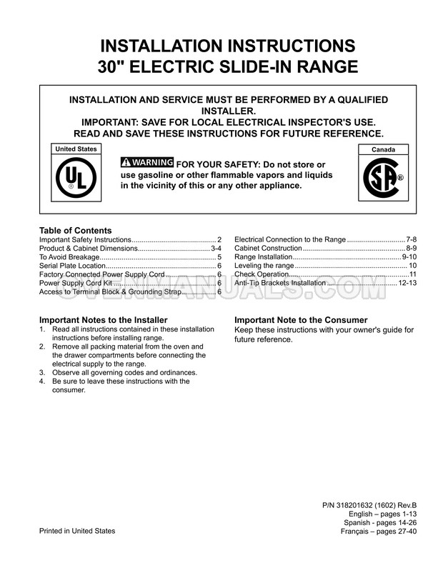 Frigidaire FGES3065PF Gallery Series Range Installation Instructions