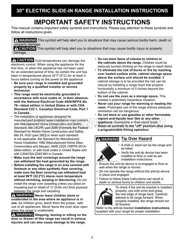 Frigidaire FGES3065PF Gallery Series Range Installation Instructions