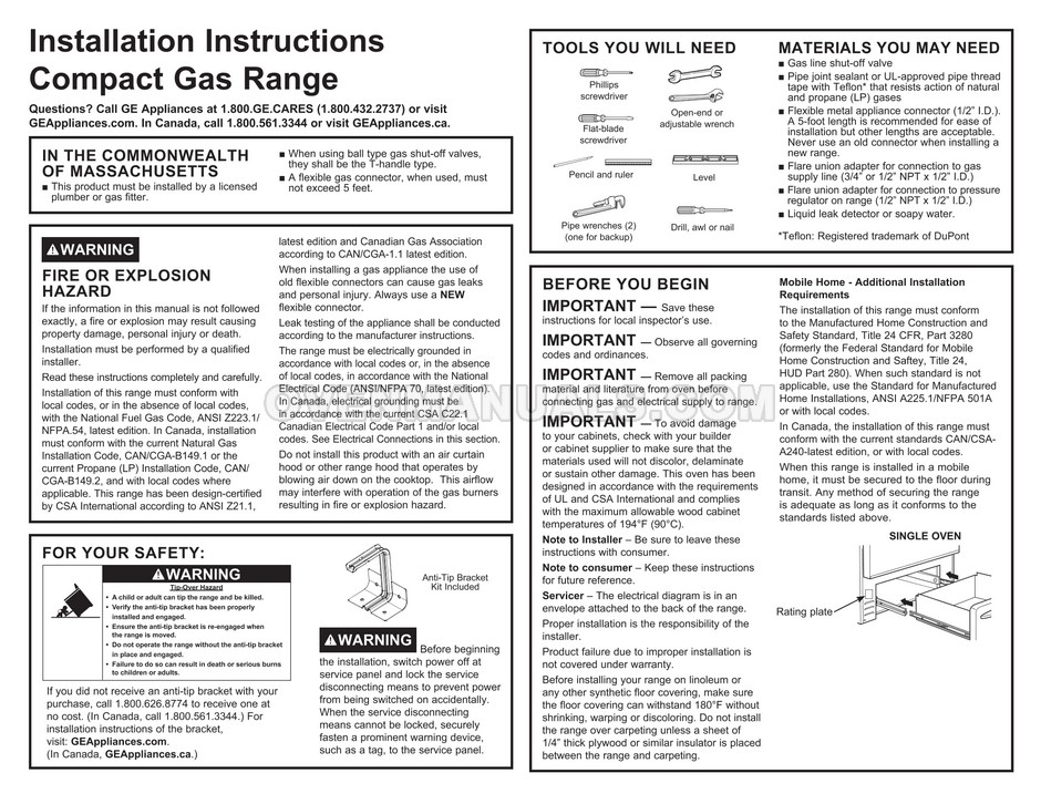 GE JGAS640RMSS Range Installation Instructions