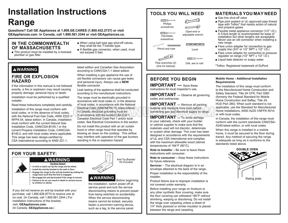 GE PGS960YPFS Profile Series Range Installation Instructions