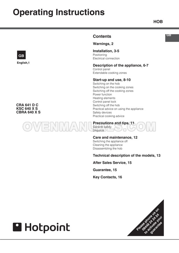Hotpoint CRA641DC Stove Operating Instructions