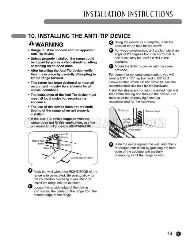 LG LRG30357ST Range Installation Instructions