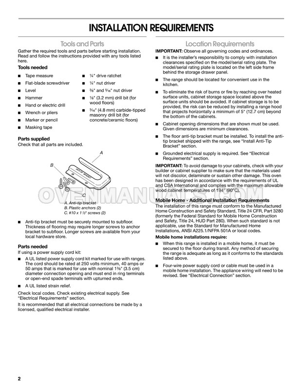 Maytag MER7765WW Range Installation Instructions