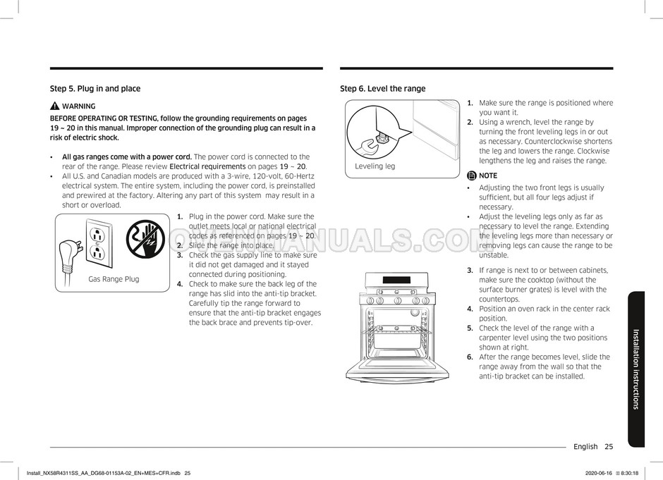 Samsung NX58R4311SS Range Installation Manual