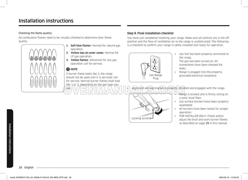 Samsung NX58R4311SS Range Installation Manual