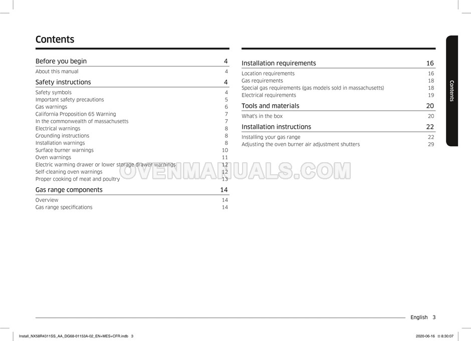Samsung NX58R4311SS Range Installation Manual