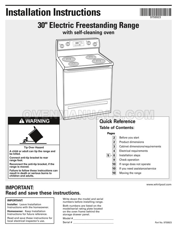 Whirlpool GR448LXPS Gold Range Installation Instructions