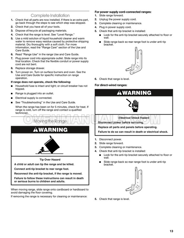 Whirlpool GY397LXUS Range Installation Instructions