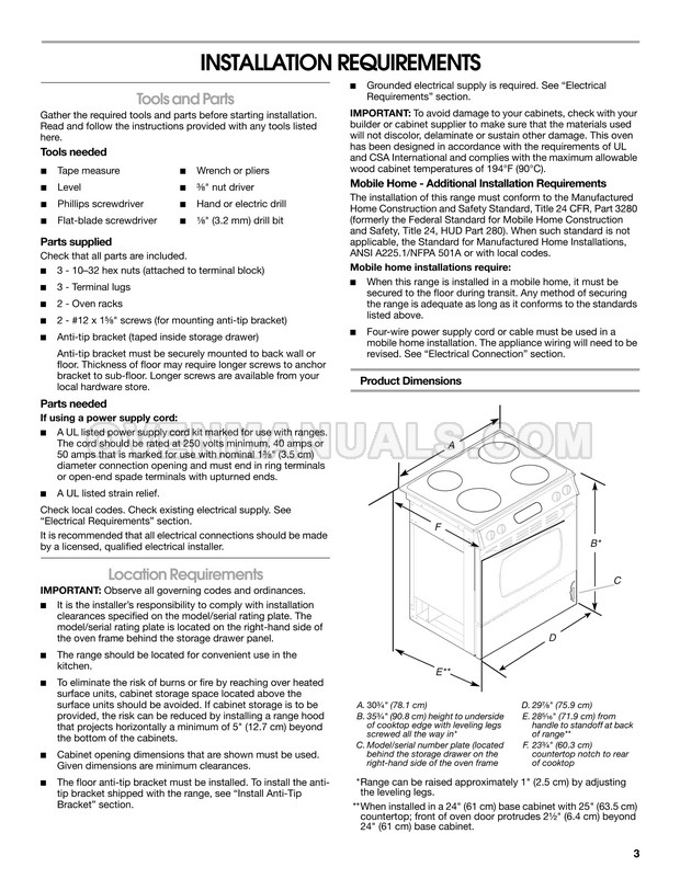 Whirlpool GY397LXUS Range Installation Instructions