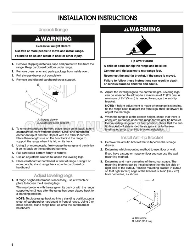 Whirlpool GY397LXUS Range Installation Instructions