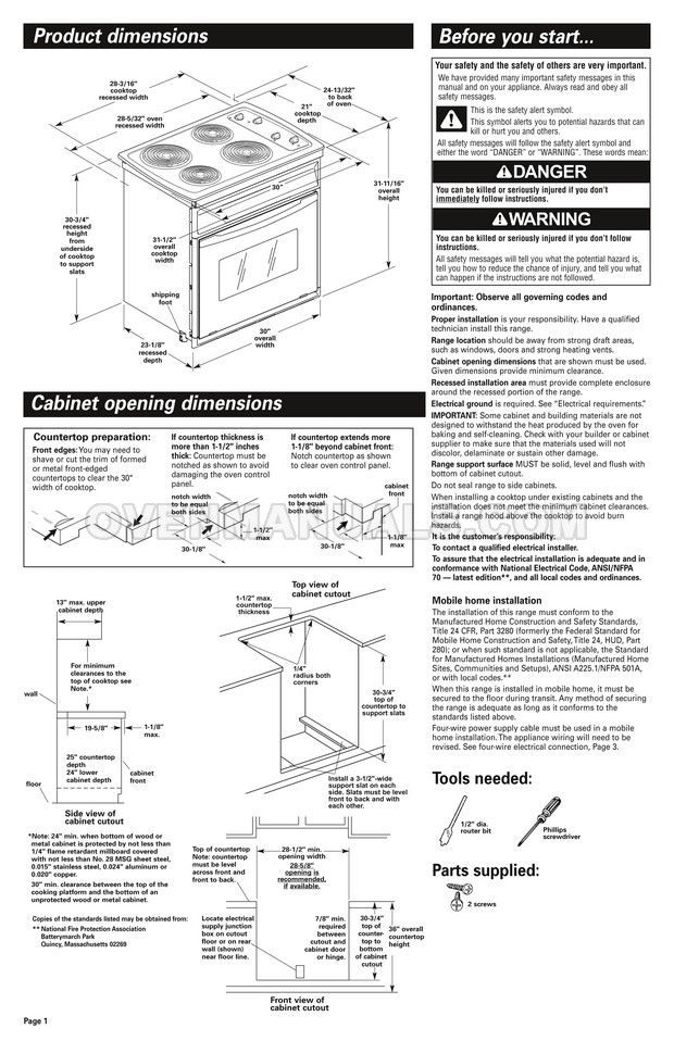 Whirlpool RS675PXGB Range Installation Instructions