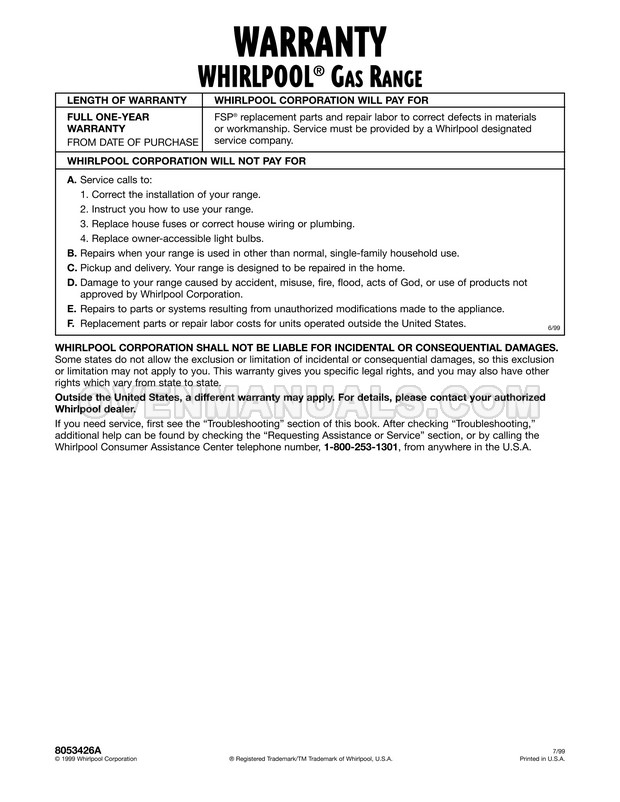 Whirlpool SF385PEG Super Capacity 465 Range Use & Care Guide
