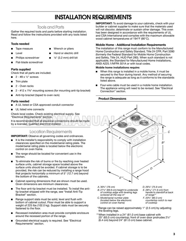 Whirlpool WDE150LVQ Range Installation Instructions