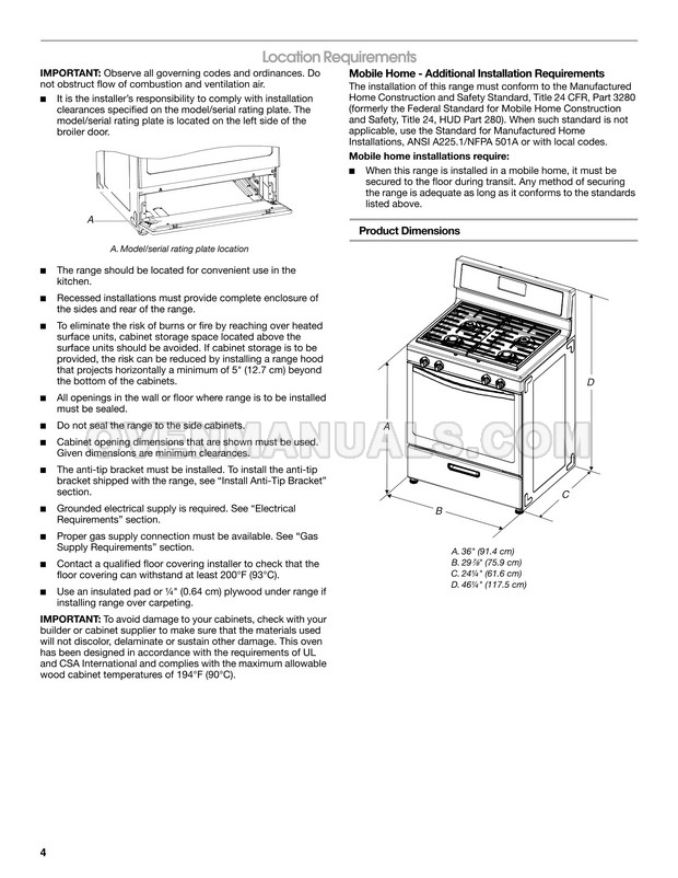 Whirlpool WFG320M0BW Range Installation Instructions