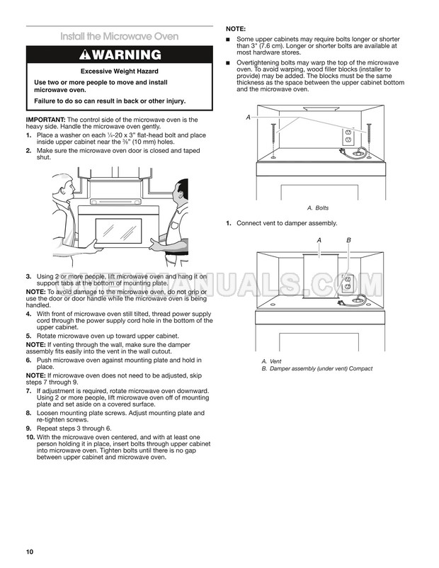 Whirlpool WML55011HS Microwave Oven Installation Instructions
