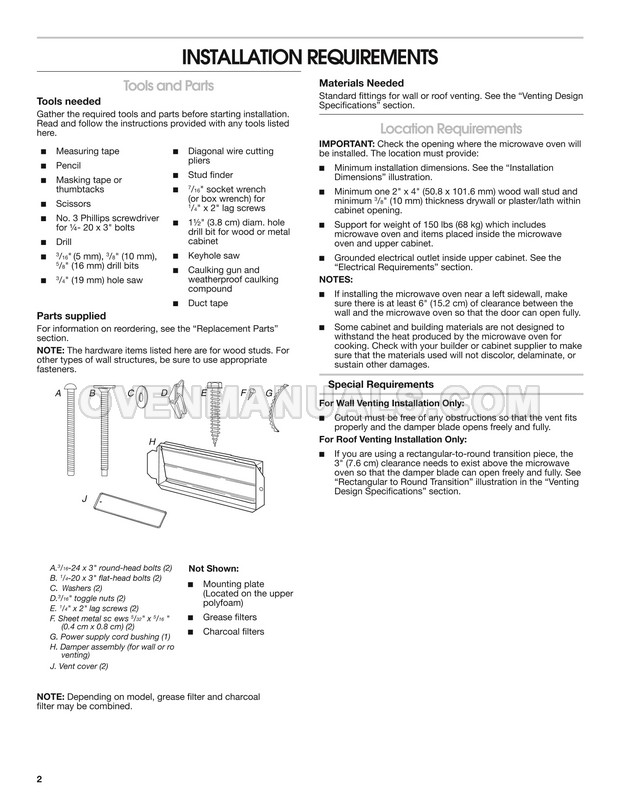 Whirlpool WML55011HS Microwave Oven Installation Instructions