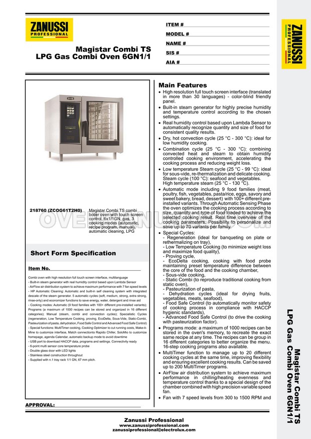 Zanussi ZCOG61T2H0 Professional Oven Data Sheet