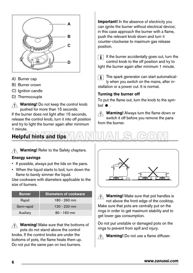 Zanussi ZGG62414SA Hob User Manual