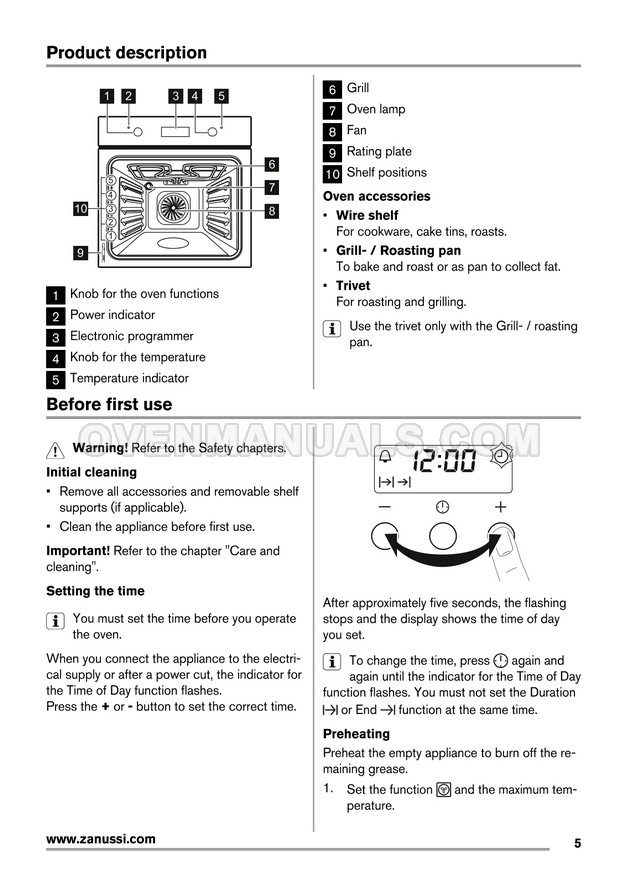 Zanussi ZOB35301XK Oven User Manual